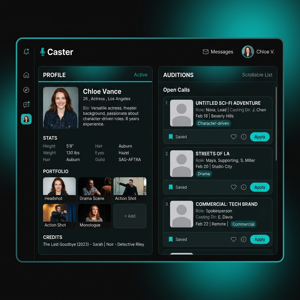Caster — actor profile and open calls dashboard